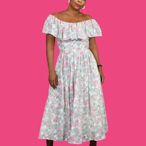 Vintage Lanz Originals Midi Dress Pink Floral Off Shoulder 80s Watercolor 2 XS